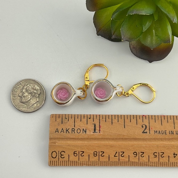 Host Pick! Pink Floral Ceramic Miniature Tea Mug Earrings with a Pink Flower - Picture 8 of 9